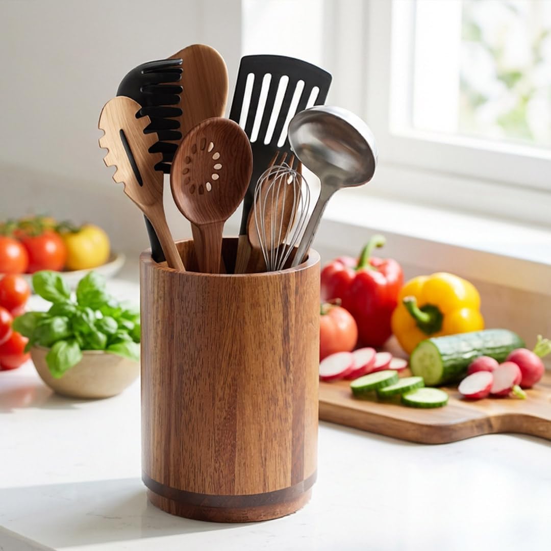 Rotating Acacia Wood Utensil Holder - view 2