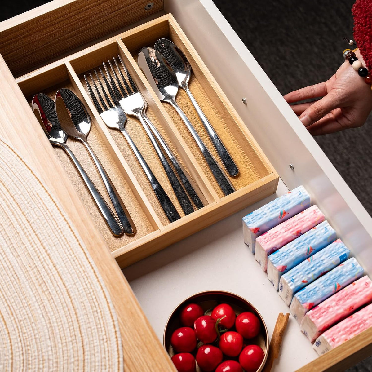 Three-Compartment Bamboo Cutlery Drawer Tray - view 2